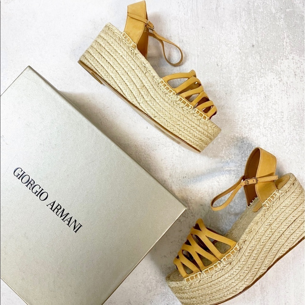 NIB Giorgio Armani‎ Lattice Platform Espadrille 38.5 Camel Sandal